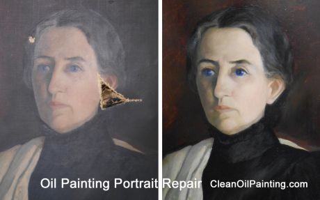 Before and after of damaged oil painting portrait